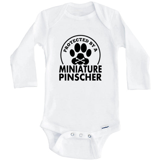 Protected By A Miniature Pinscher Funny Baby Onesie (Long Sleeves)