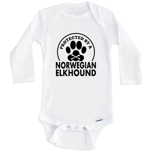 Protected By A Norwegian Elkhound Funny Baby Onesie (Long Sleeves)