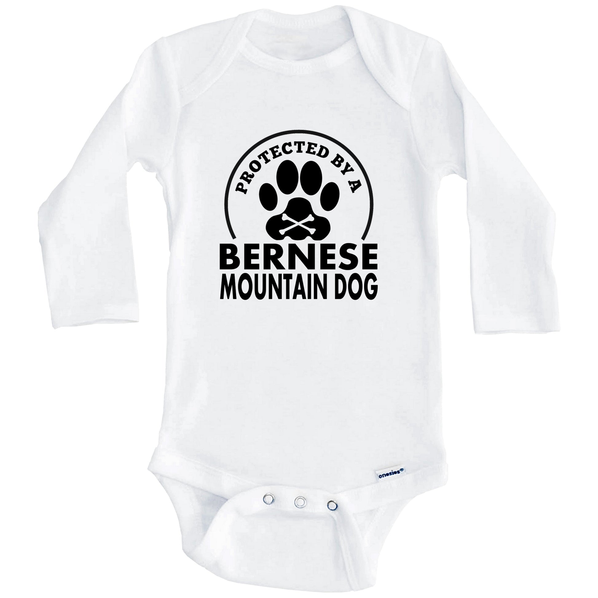 Protected By A Bernese Mountain Dog Funny Baby Onesie (Long Sleeves)