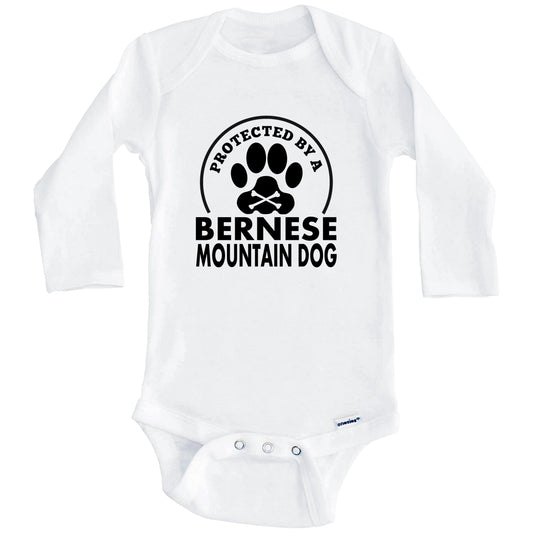 Protected By A Bernese Mountain Dog Funny Baby Onesie (Long Sleeves)