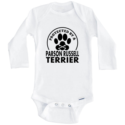 Protected By A Parson Russell Terrier Funny Baby Onesie (Long Sleeves)