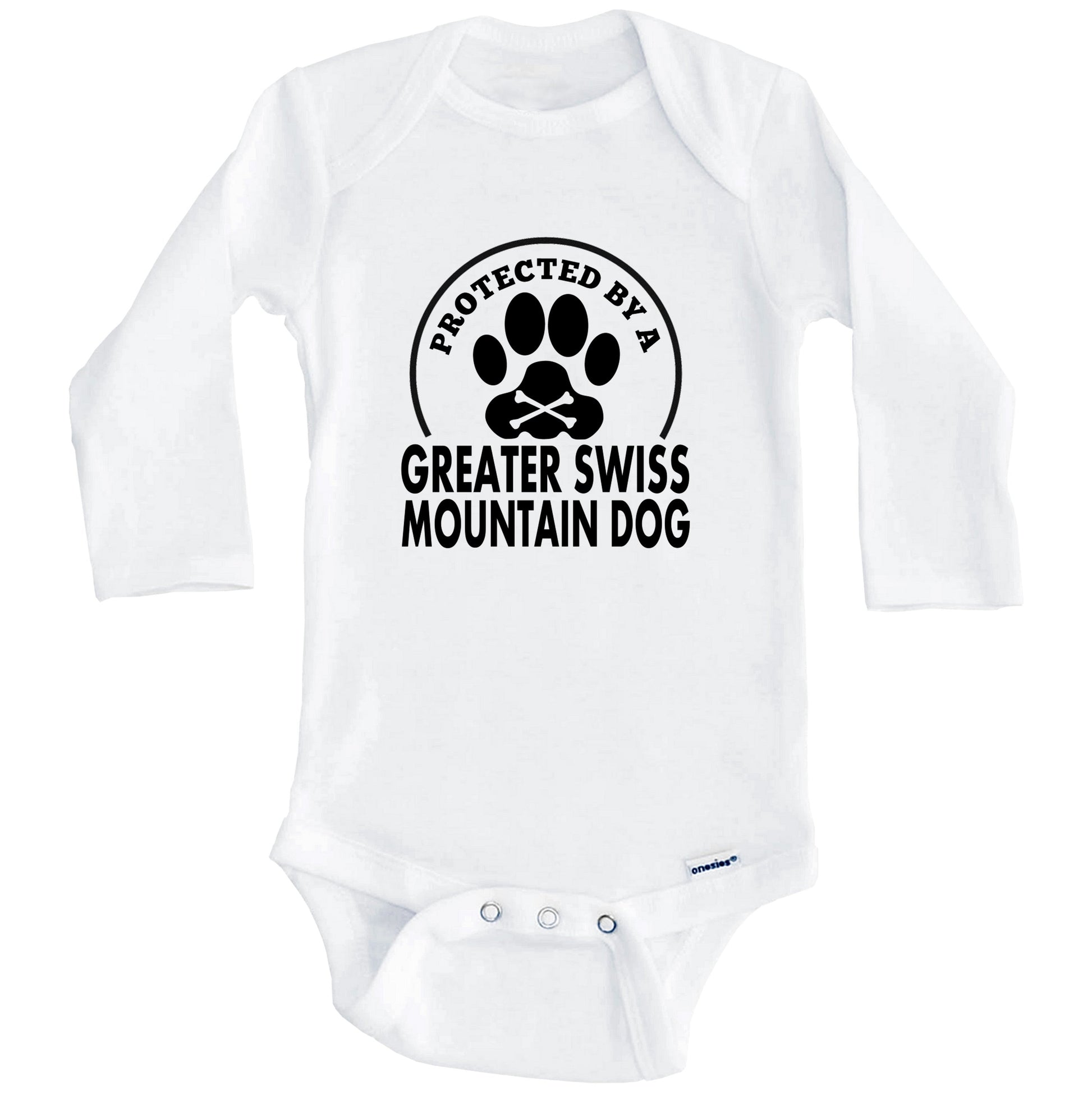 Protected By A Greater Swiss Mountain Dog Funny Baby Onesie (Long Sleeves)