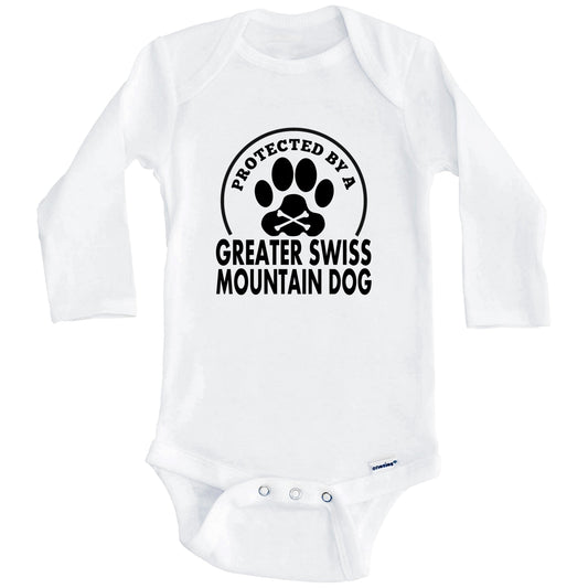 Protected By A Greater Swiss Mountain Dog Funny Baby Onesie (Long Sleeves)