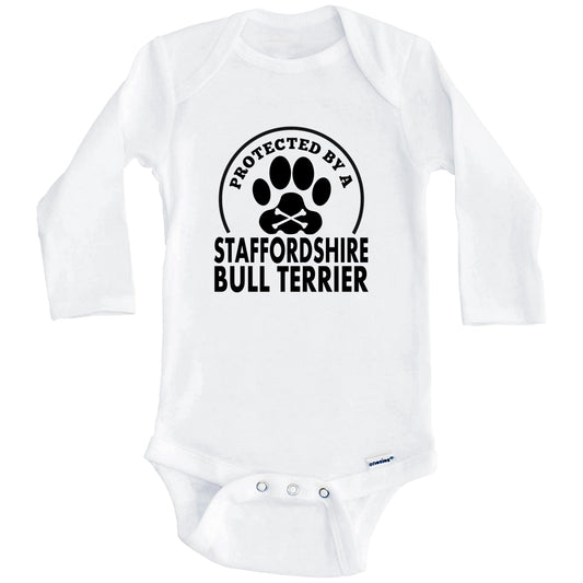 Protected By A Staffordshire Bull Terrier Funny Baby Onesie (Long Sleeves)