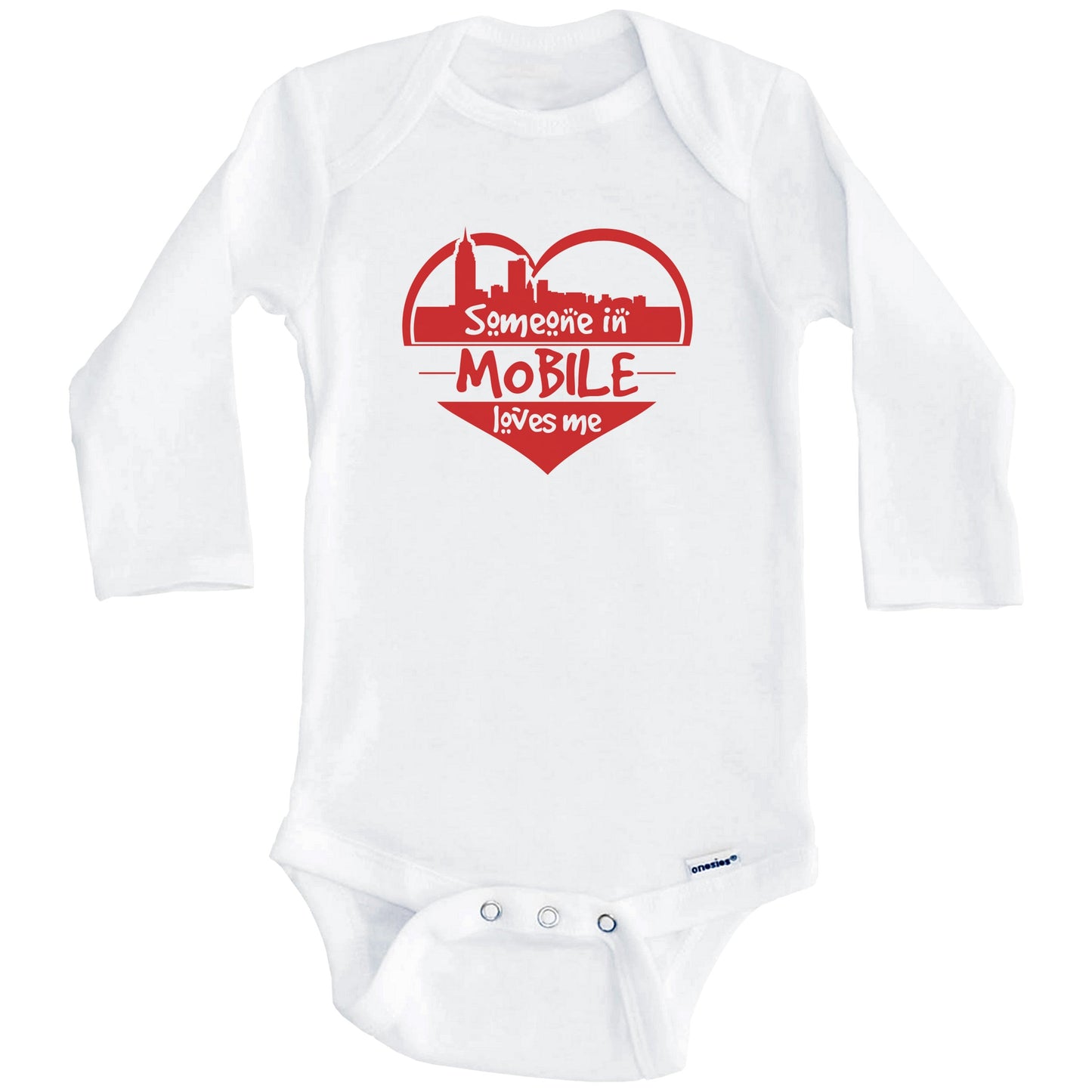 Someone in Mobile Loves Me Mobile Alabama Skyline Heart Baby Onesie (Long Sleeves)