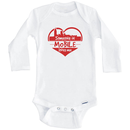 Someone in Mobile Loves Me Mobile Alabama Skyline Heart Baby Onesie (Long Sleeves)