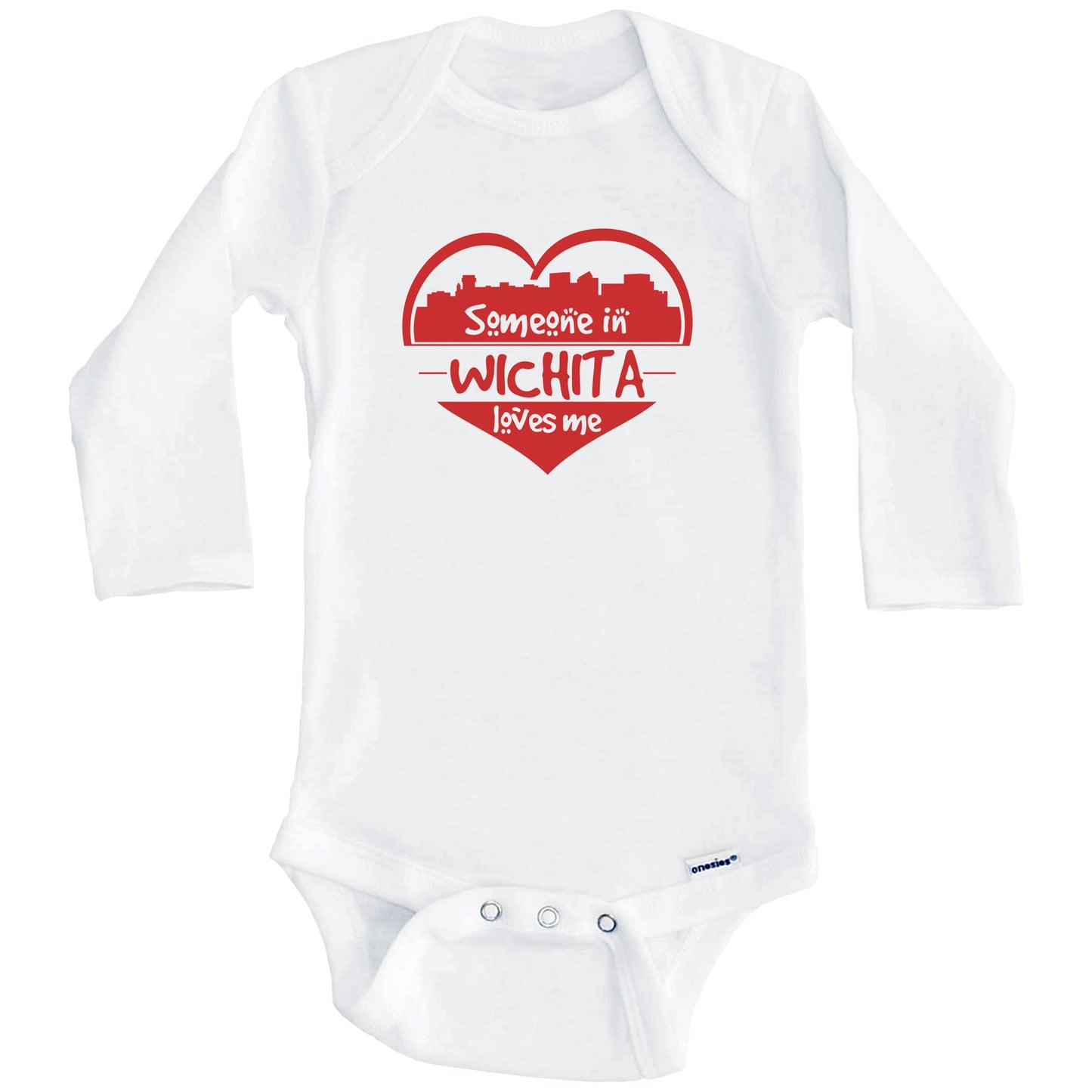 Someone in Wichita Loves Me Wichita Kansas Skyline Heart Baby Onesie (Long Sleeves)