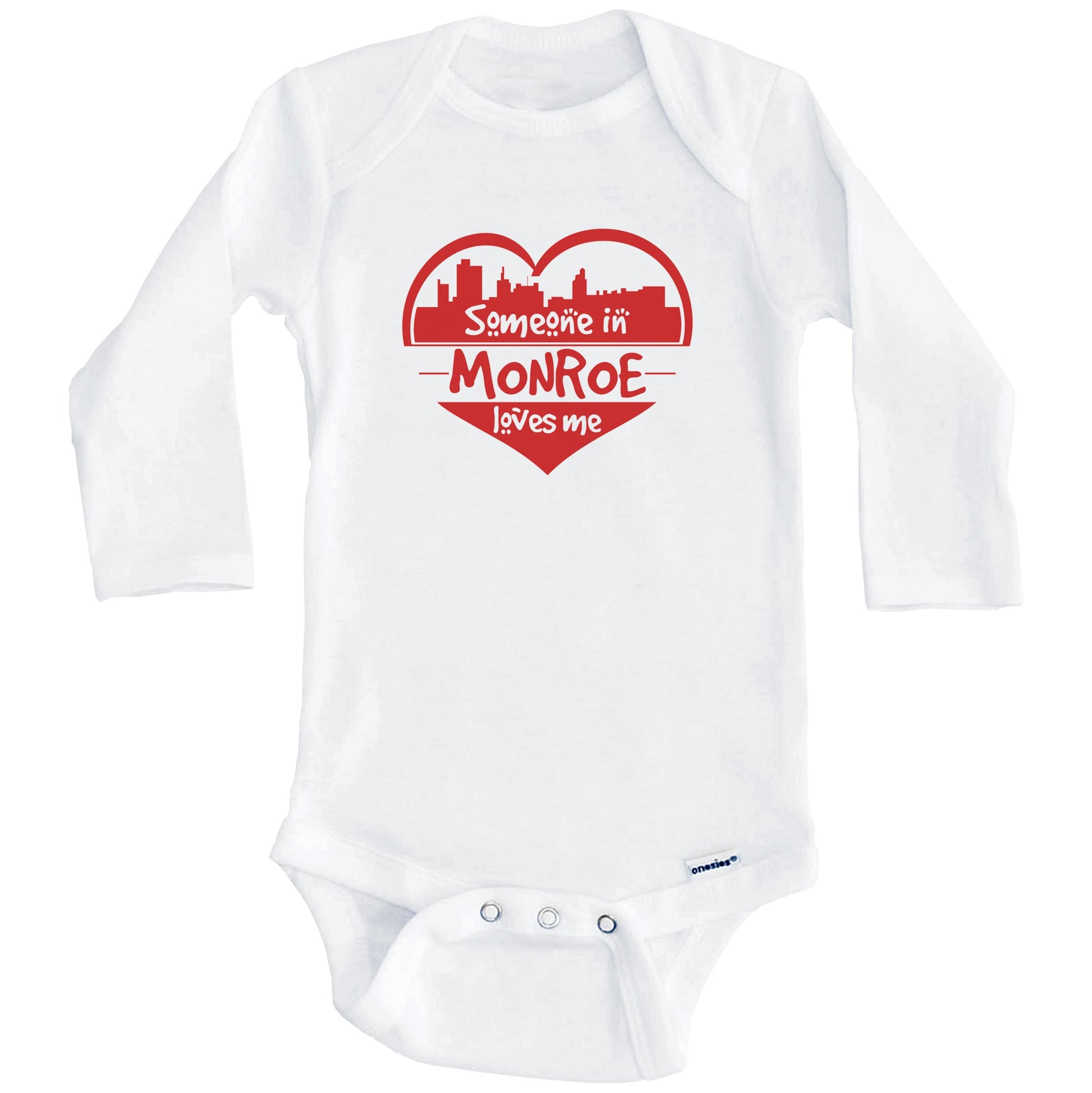 Someone in Monroe Loves Me Monroe Louisiana Skyline Heart Baby Onesie (Long Sleeves)