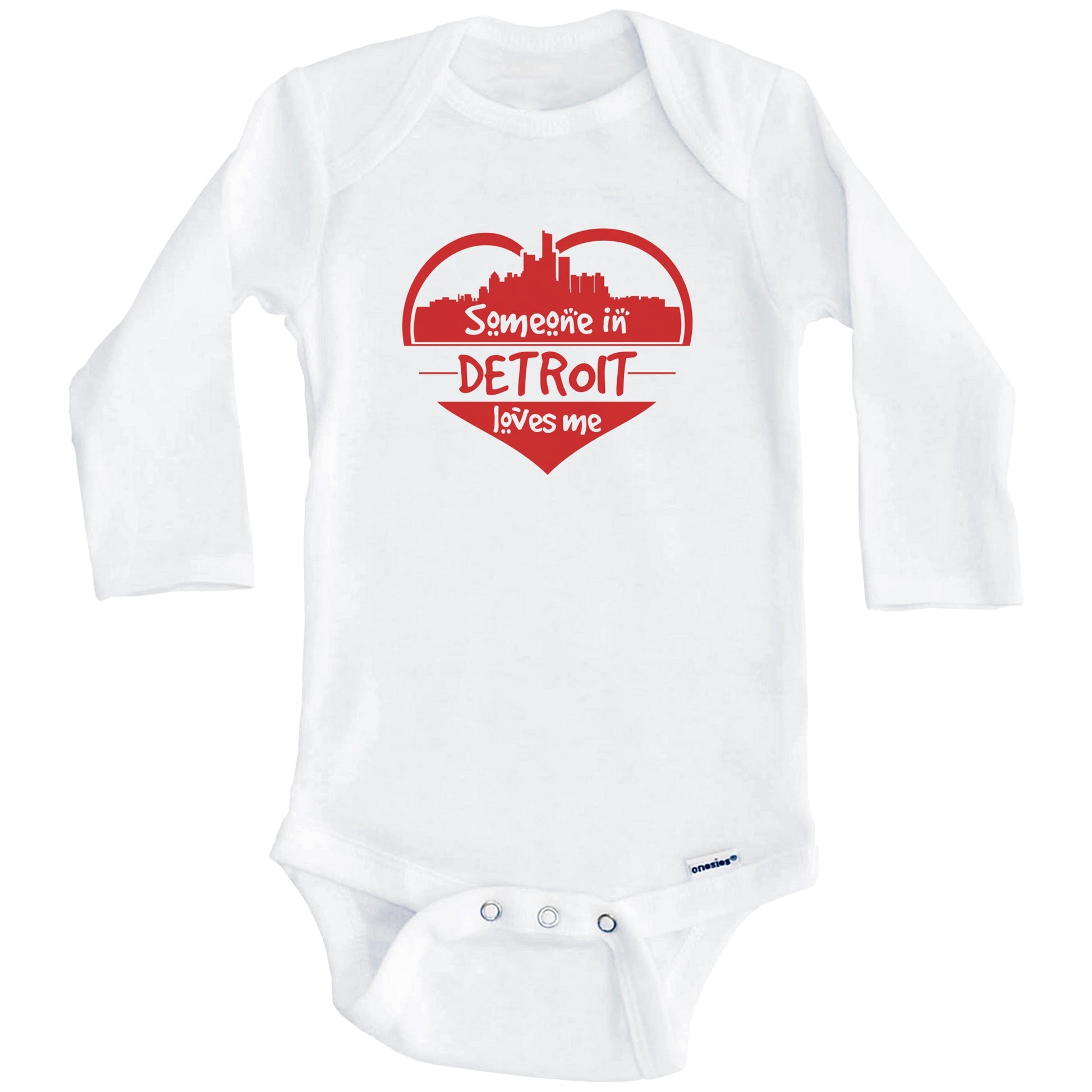 Someone in Detroit Loves Me Detroit Michigan Skyline Heart Baby Onesie (Long Sleeves)