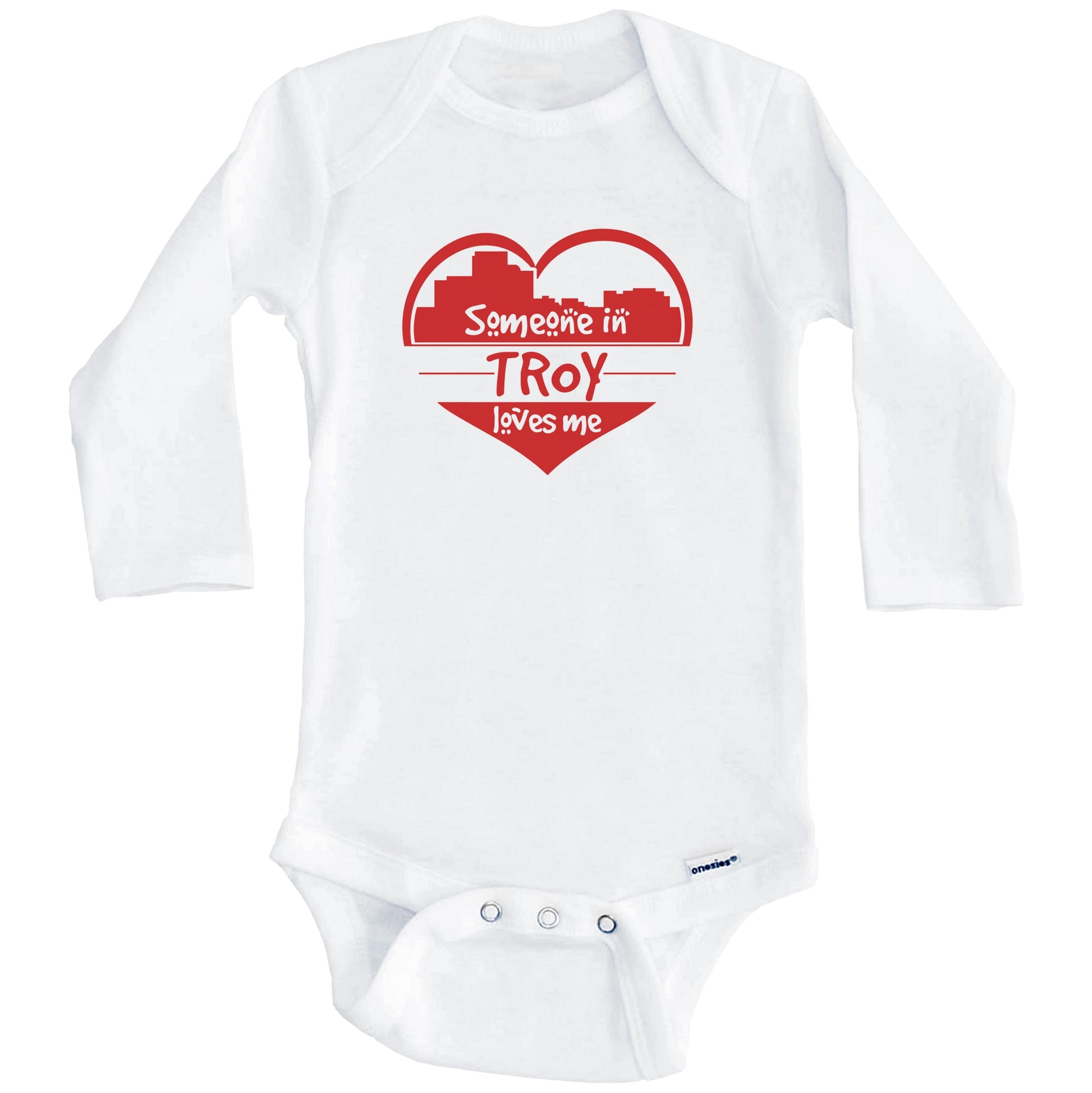 Someone in Troy Loves Me Troy Michigan Skyline Heart Baby Onesie (Long Sleeves)