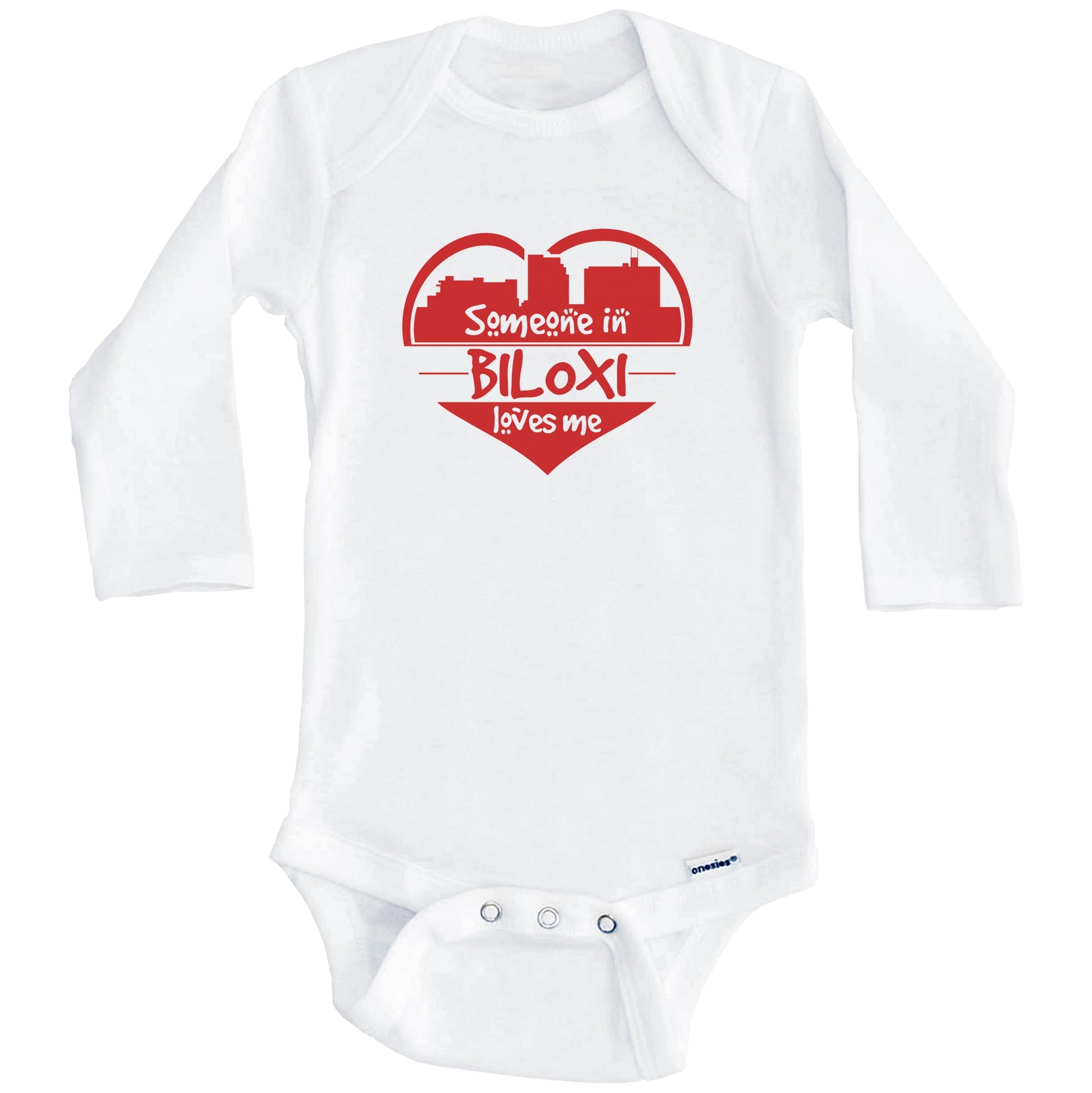 Someone in Biloxi Loves Me Biloxi Mississippi Skyline Heart Baby Onesie (Long Sleeves)