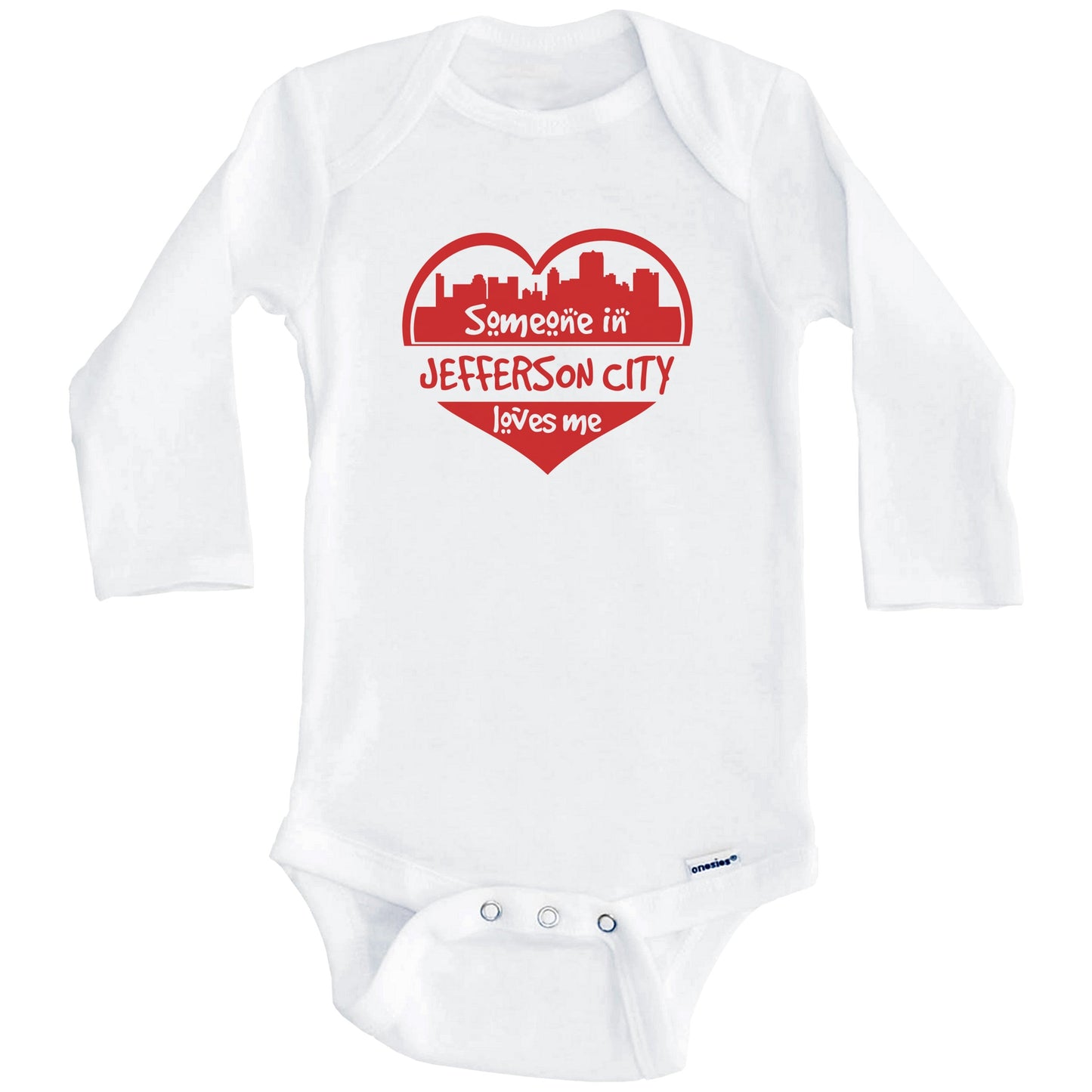 Someone in Jefferson City Loves Me Jefferson City Missouri Skyline Heart Baby Onesie (Long Sleeves)