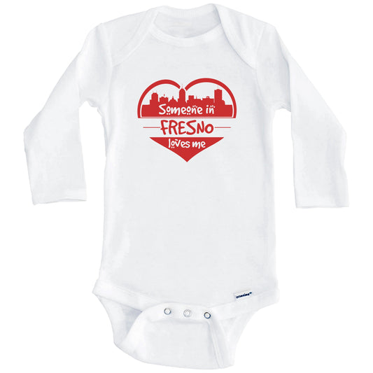 Someone in Fresno Loves Me Fresno California Skyline Heart Baby Onesie (Long Sleeves)