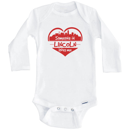 Someone in Lincoln Loves Me Lincoln Nebraska Skyline Heart Baby Onesie (Long Sleeves)