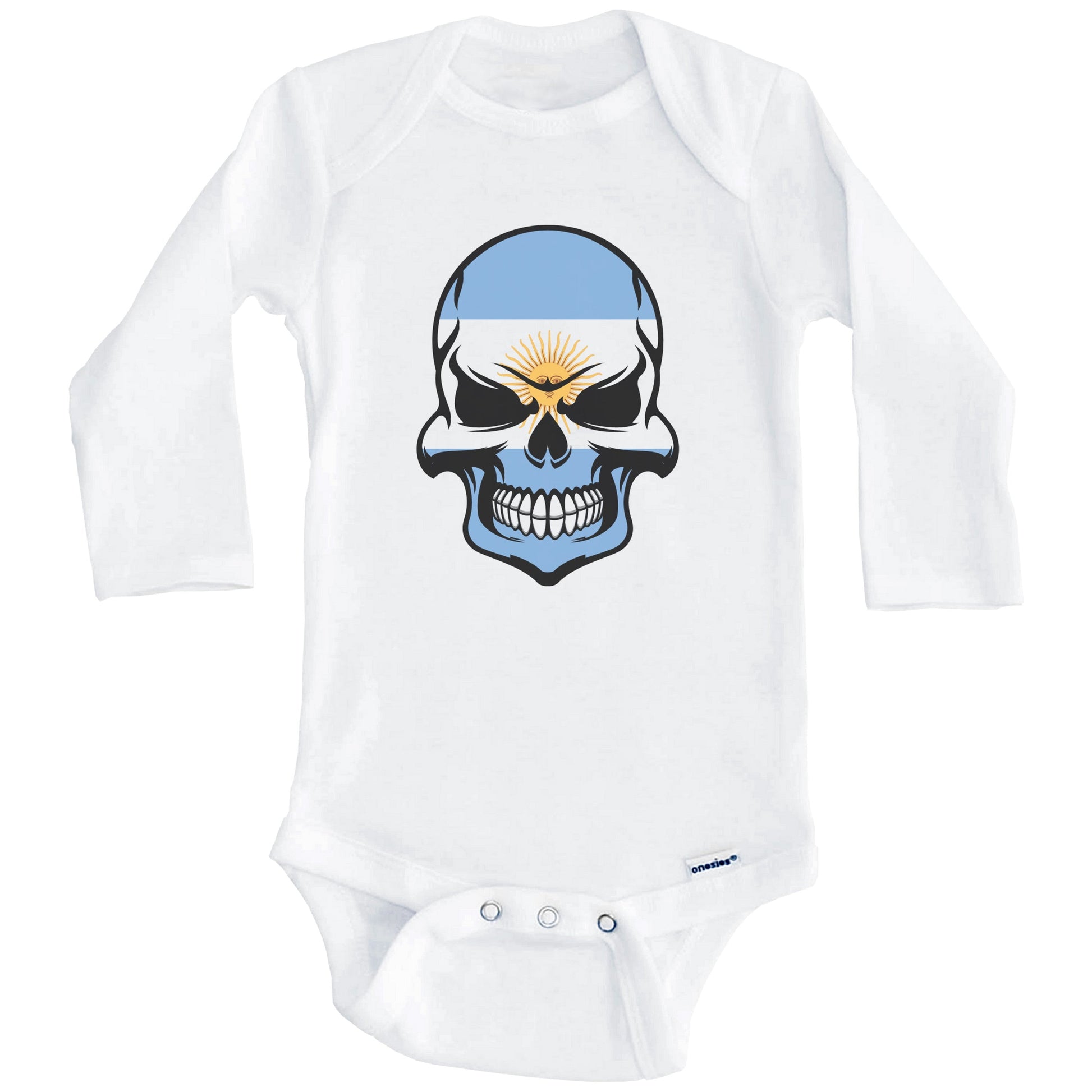 Argentinian Flag Skull Cool Argentina Skull Baby Onesie (Long Sleeves)