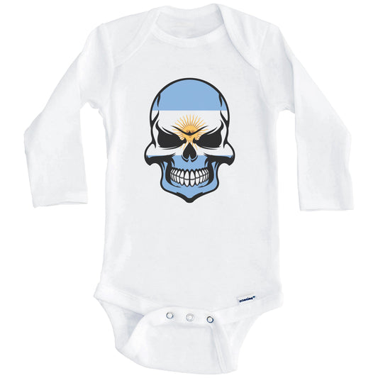 Argentinian Flag Skull Cool Argentina Skull Baby Onesie (Long Sleeves)