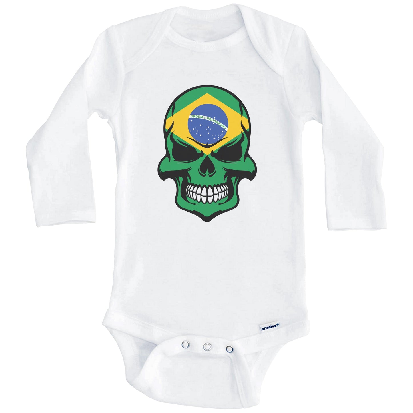 Brazilian Flag Skull Cool Brazil Skull Baby Onesie (Long Sleeves)