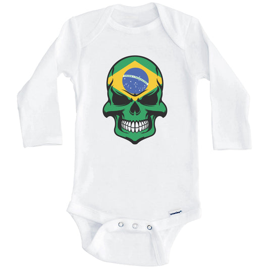 Brazilian Flag Skull Cool Brazil Skull Baby Onesie (Long Sleeves)