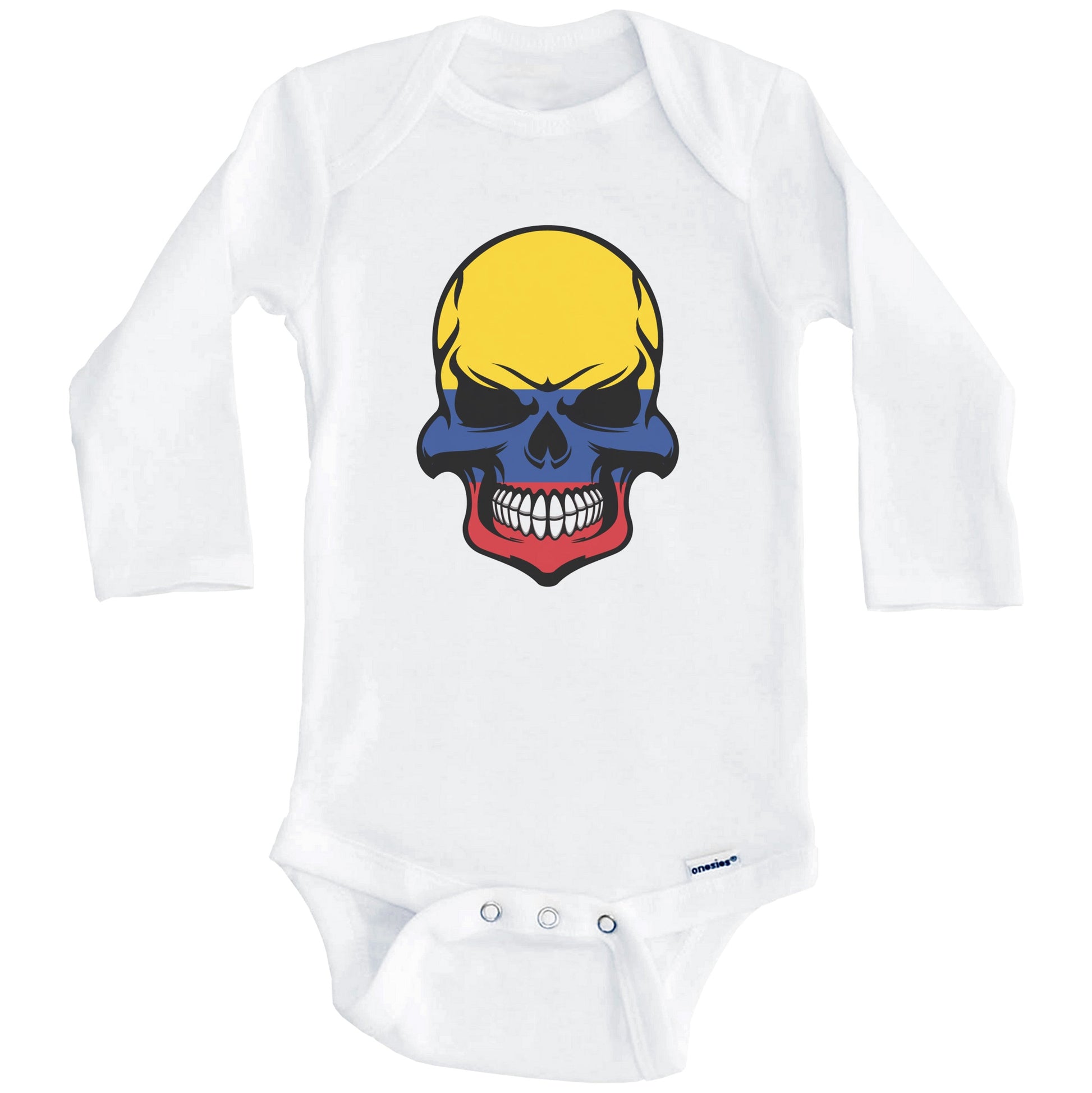 Colombian Flag Skull Cool Colombia Skull Baby Onesie (Long Sleeves)