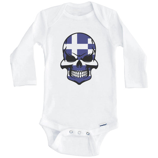 Greek Flag Skull Cool Greece Skull Baby Onesie (Long Sleeves)