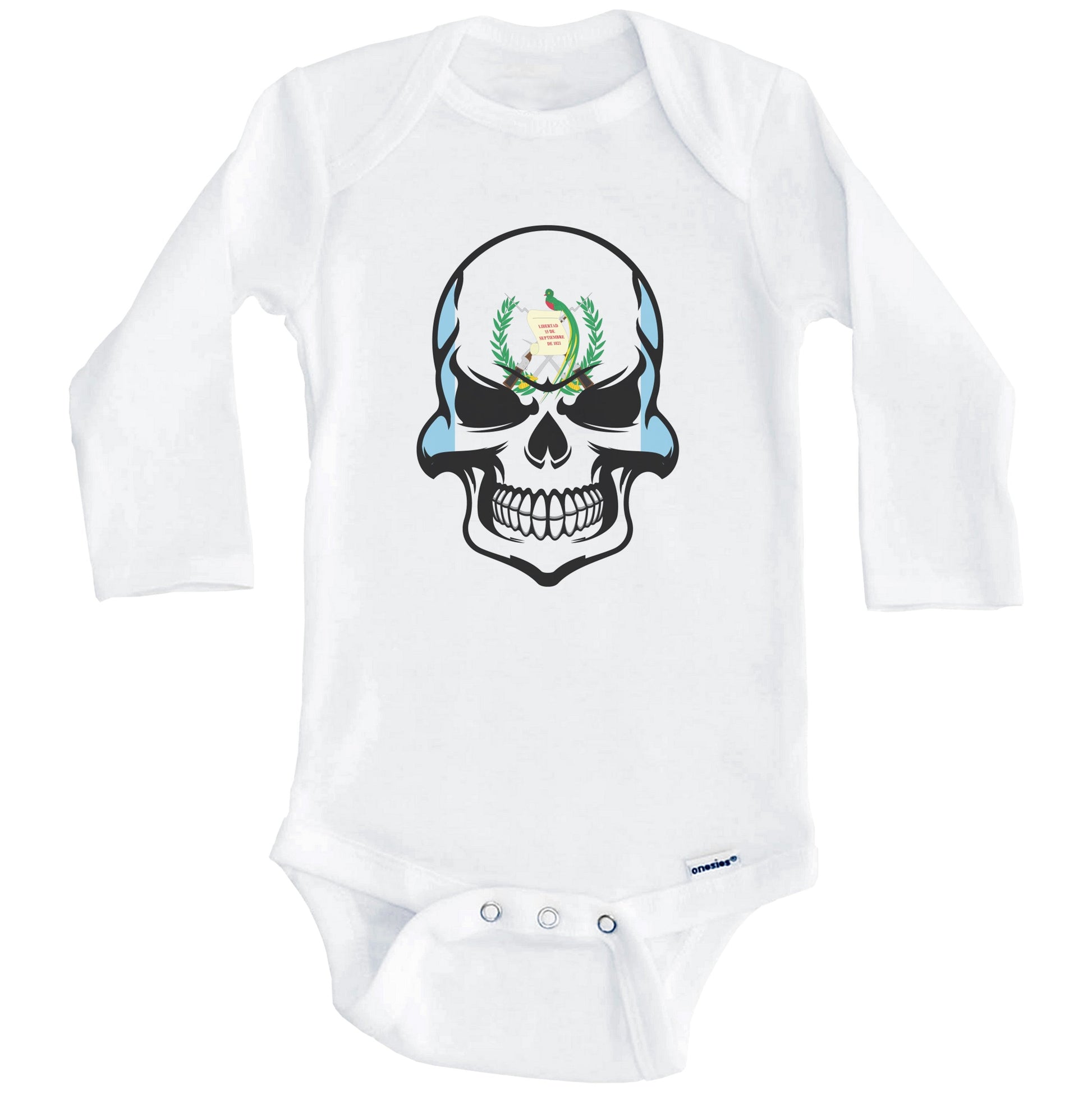 Guatemalan Flag Skull Cool Guatemala Skull Baby Onesie (Long Sleeves)