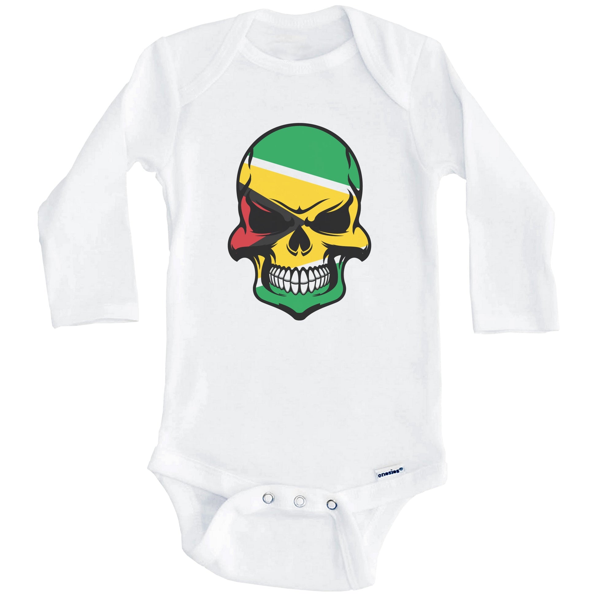Guyanese Flag Skull Cool Guyana Skull Baby Onesie (Long Sleeves)