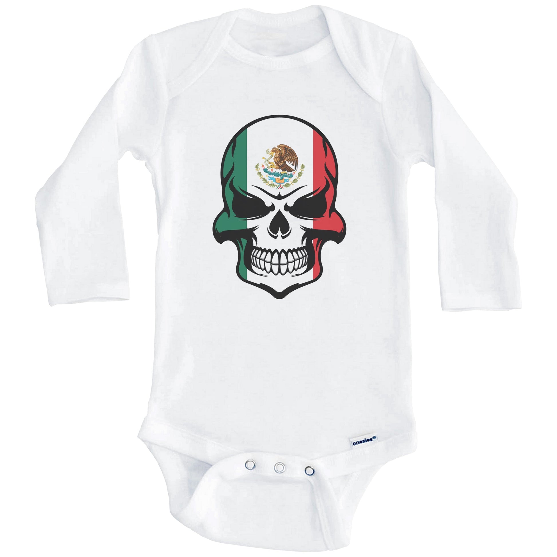 Mexican Flag Skull Cool Day Of The Dead Skull Baby Onesie (Long Sleeves)