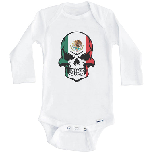 Mexican Flag Skull Cool Day Of The Dead Skull Baby Onesie (Long Sleeves)