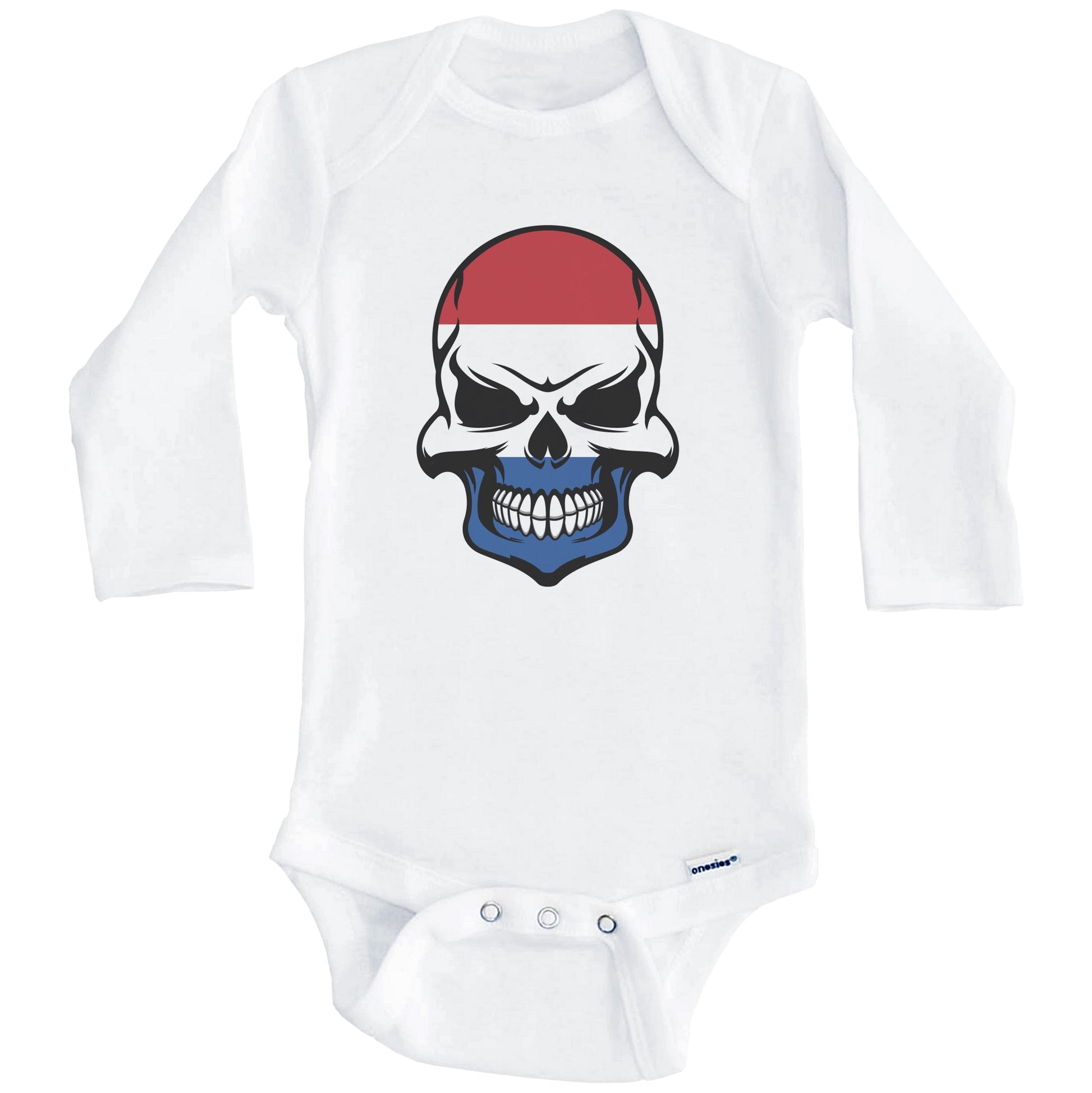Dutch Flag Skull Cool Netherlands Skull Baby Onesie (Long Sleeves)