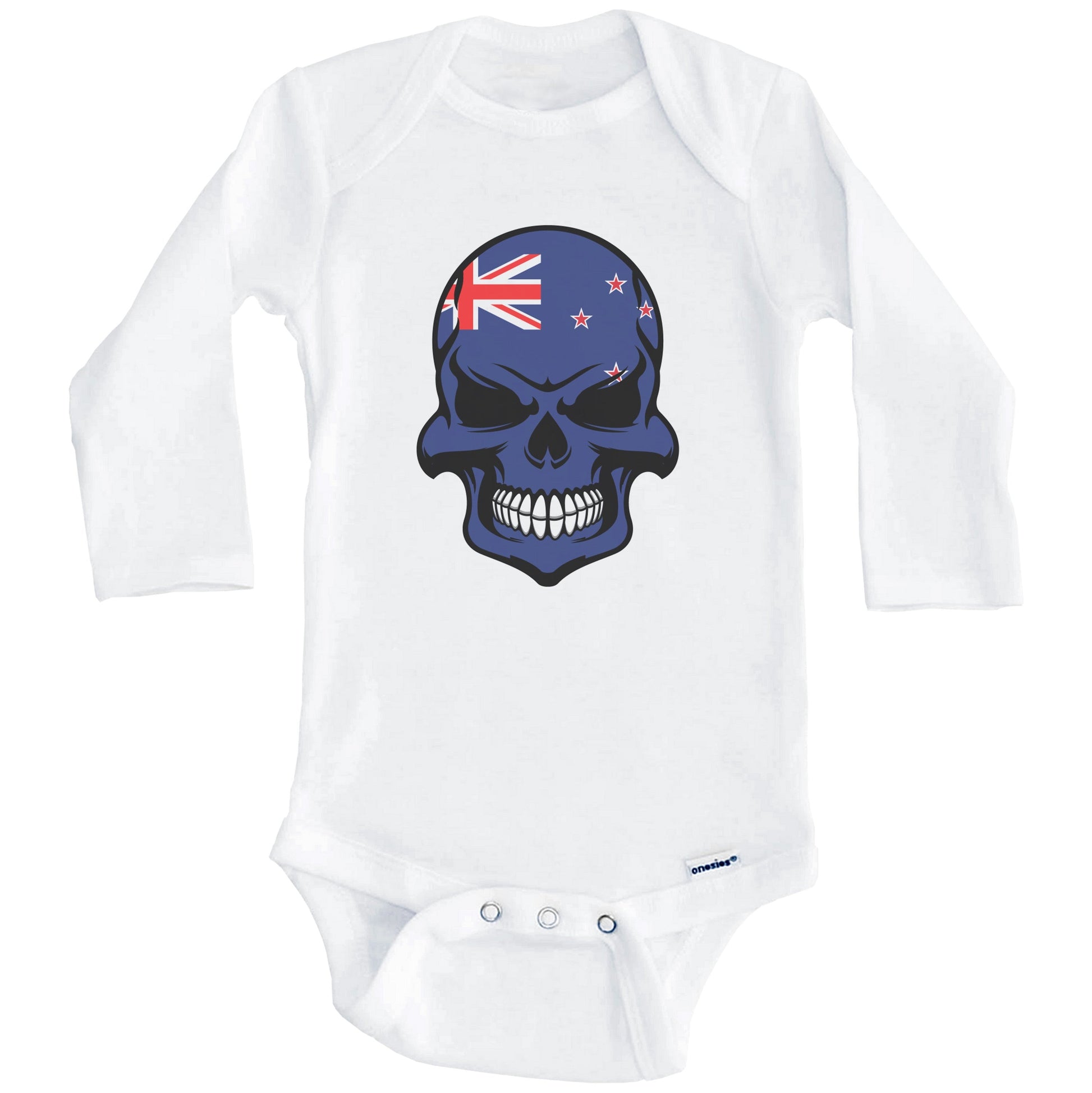 Kiwi Flag Skull Cool New Zealand Skull Baby Onesie (Long Sleeves)