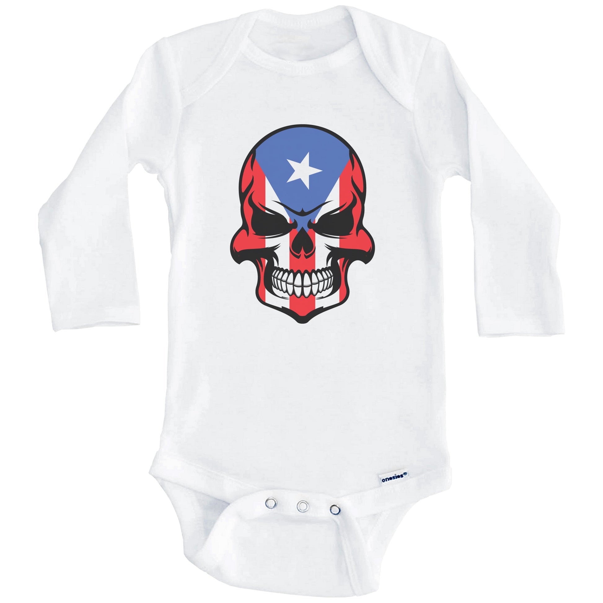 Puerto Rican Flag Skull Cool Puerto Rico Skull Baby Onesie (Long Sleeves)