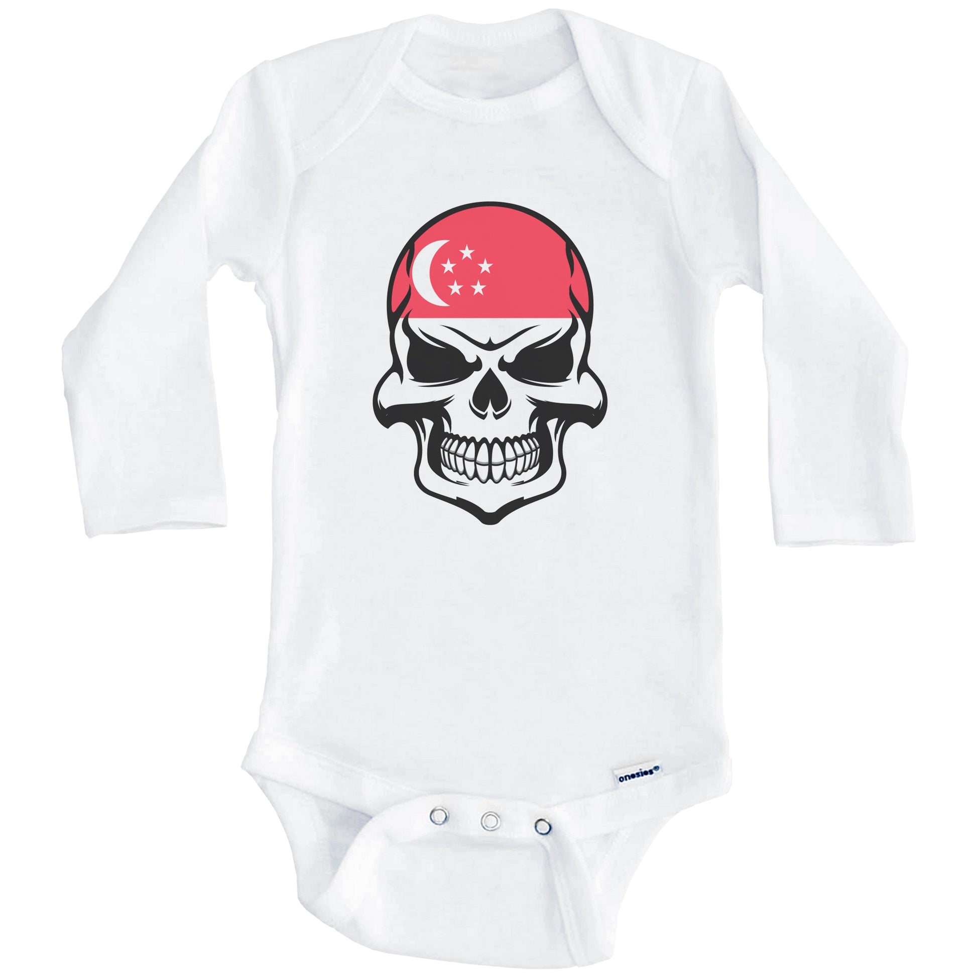 Singaporean Flag Skull Cool Singapore Skull Baby Onesie (Long Sleeves)