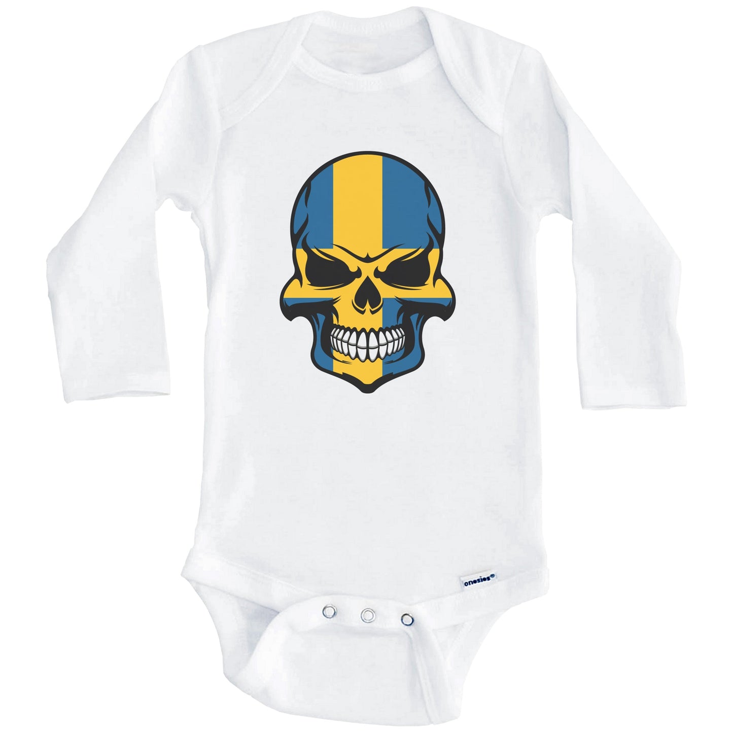 Swedish Flag Skull Cool Sweden Skull Baby Onesie (Long Sleeves)