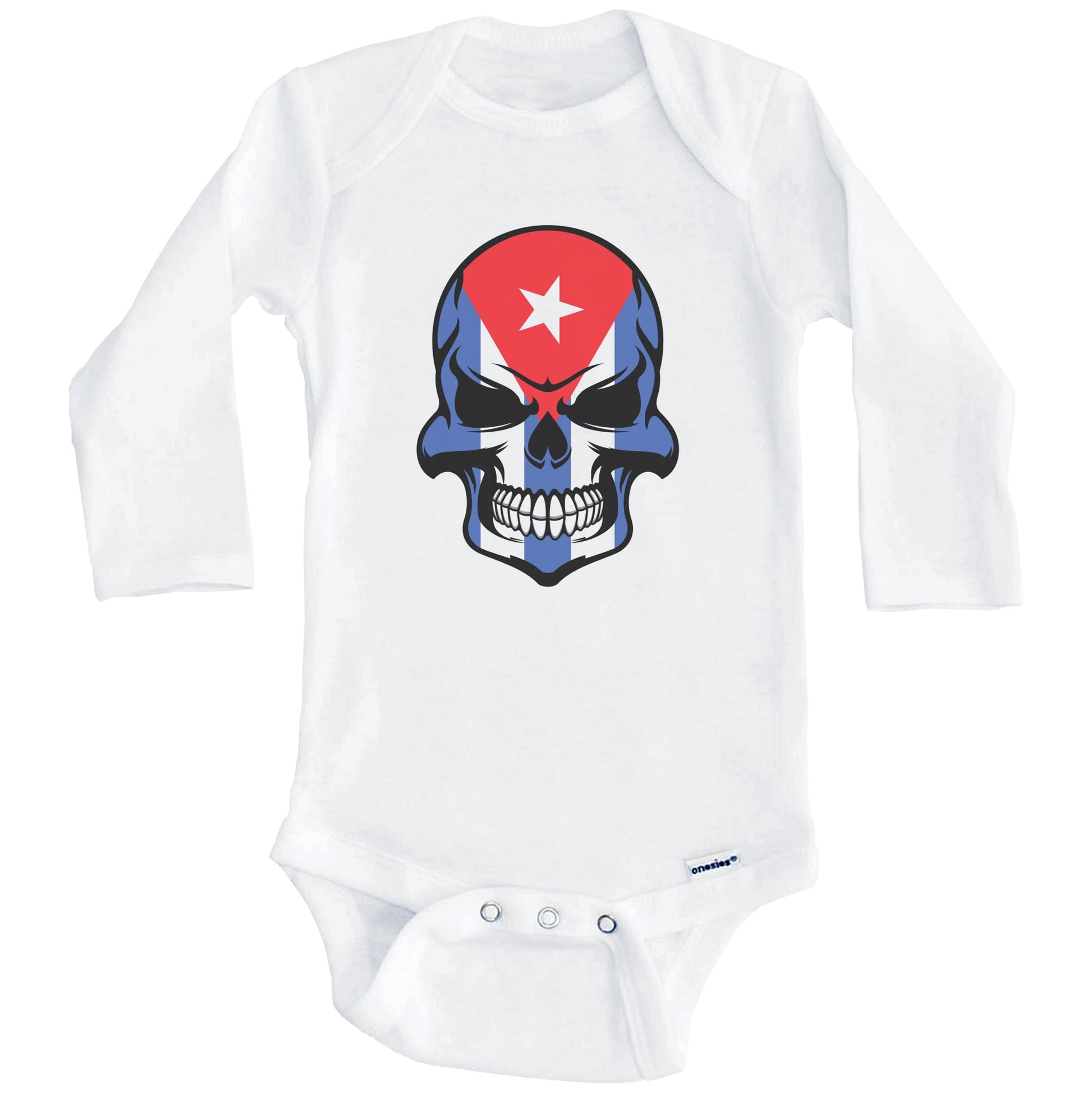 Cuban Flag Skull Cool Cuba Skull Baby Onesie (Long Sleeves)