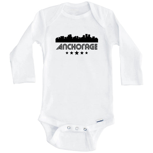 Anchorage Alaska Skyline Retro Style Baby Onesie (Long Sleeves)