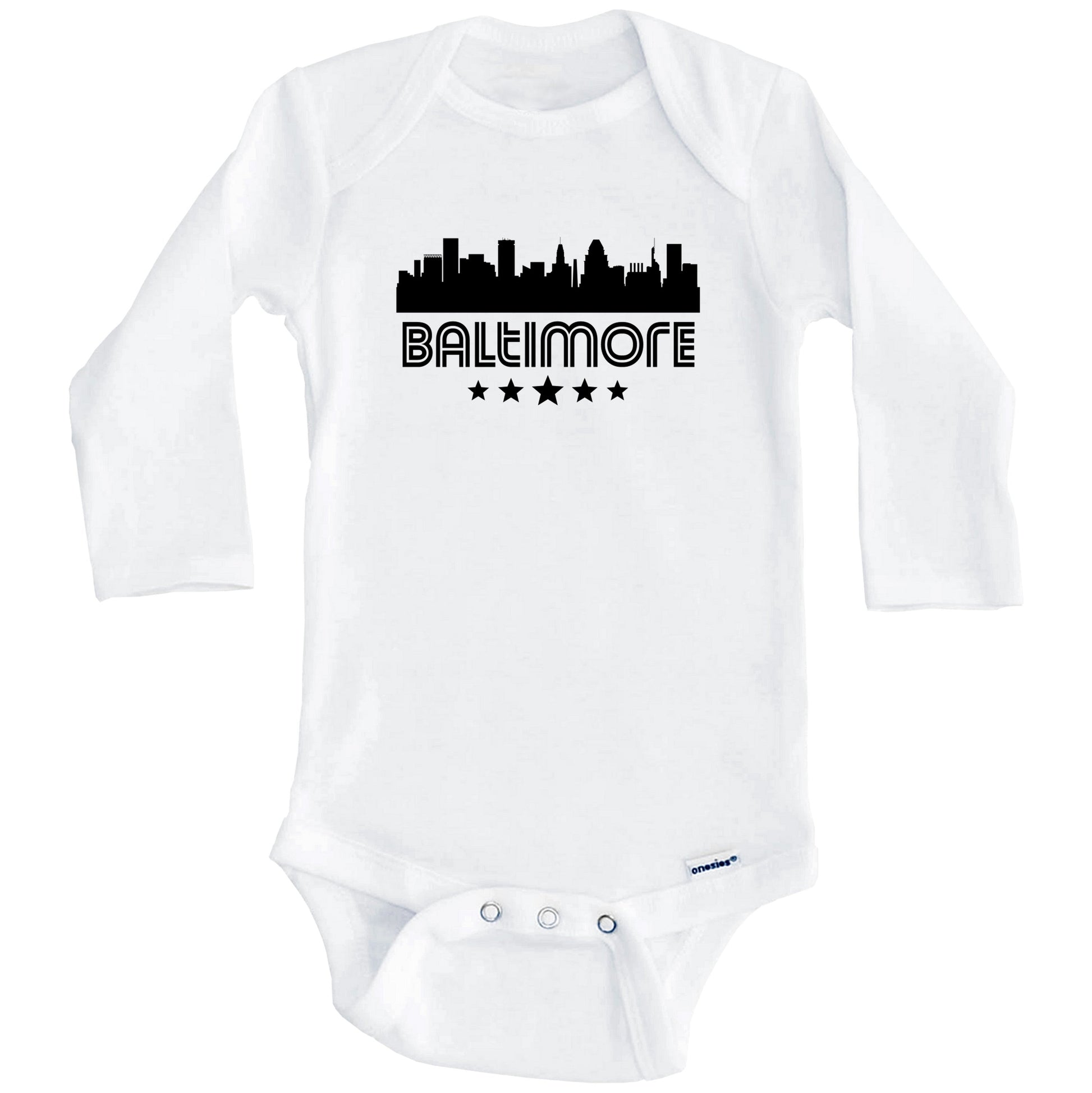 Baltimore Maryland Skyline Retro Style Baby Onesie (Long Sleeves)