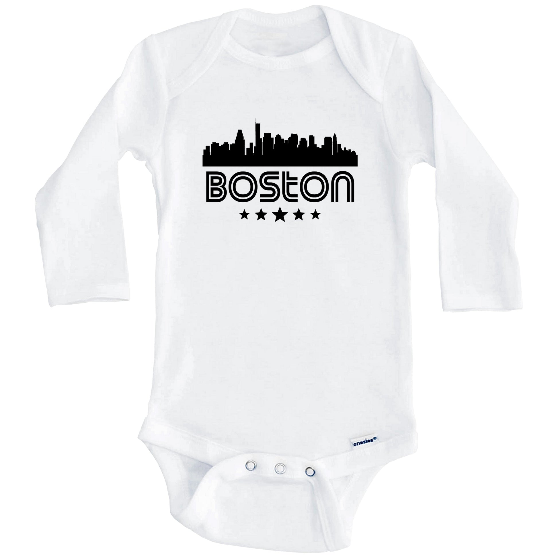 Boston Massachusetts Skyline Retro Style Baby Onesie (Long Sleeves)