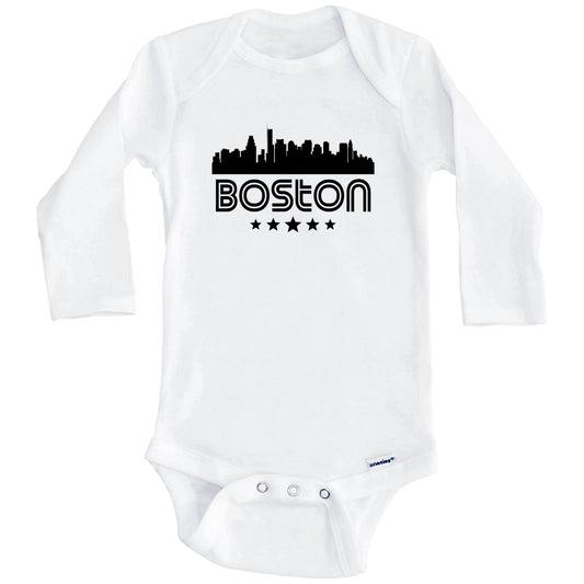 Boston Massachusetts Skyline Retro Style Baby Onesie (Long Sleeves)