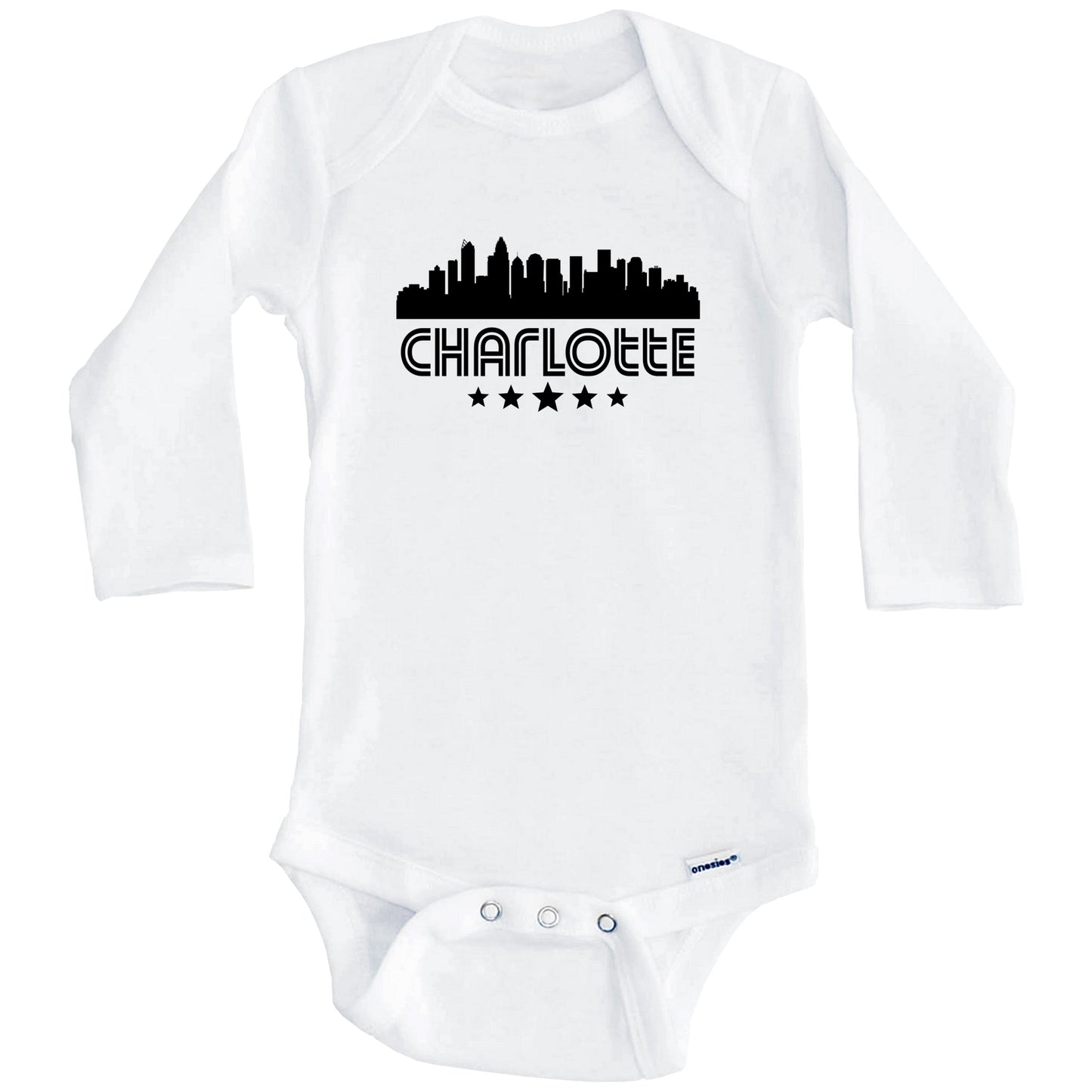 Charlotte North Carolina Skyline Retro Style Baby Onesie (Long Sleeves)