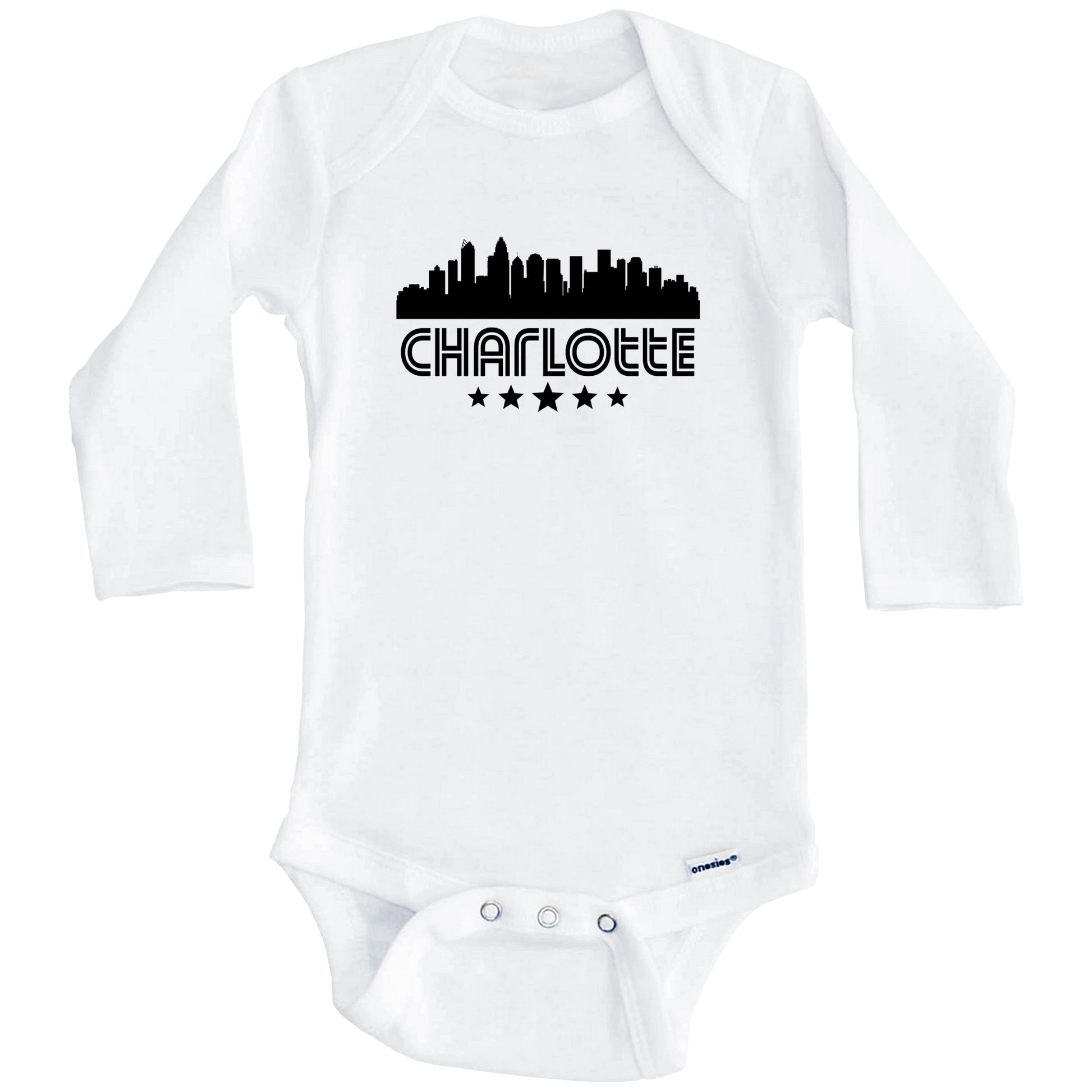 Charlotte North Carolina Skyline Retro Style Baby Onesie (Long Sleeves)