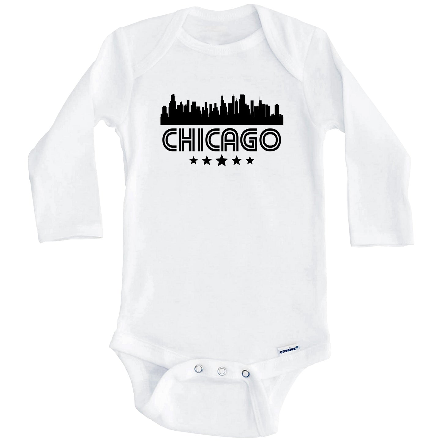 Chicago Illinois Skyline Retro Style Baby Onesie (Long Sleeves)