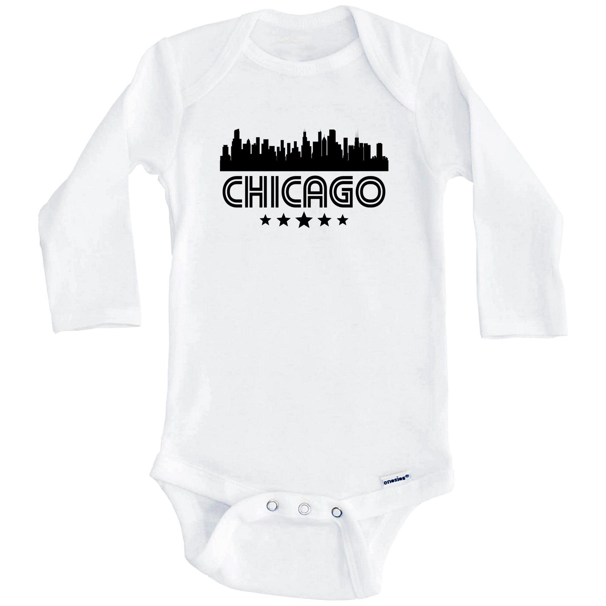 Chicago Illinois Skyline Retro Style Baby Onesie (Long Sleeves)