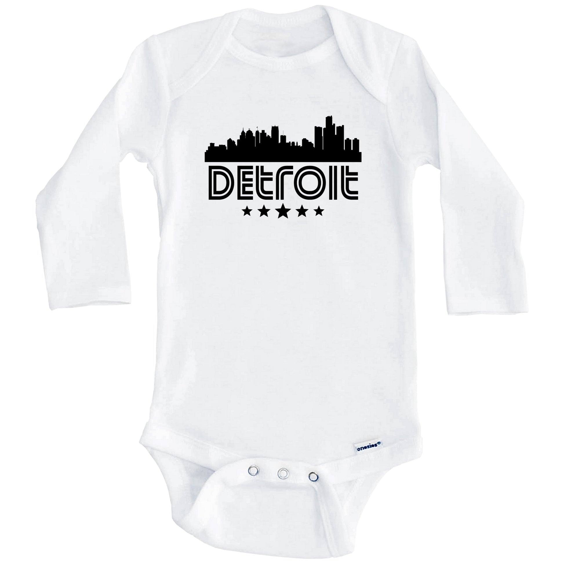 Detroit Michigan Skyline Retro Style Baby Onesie (Long Sleeves)