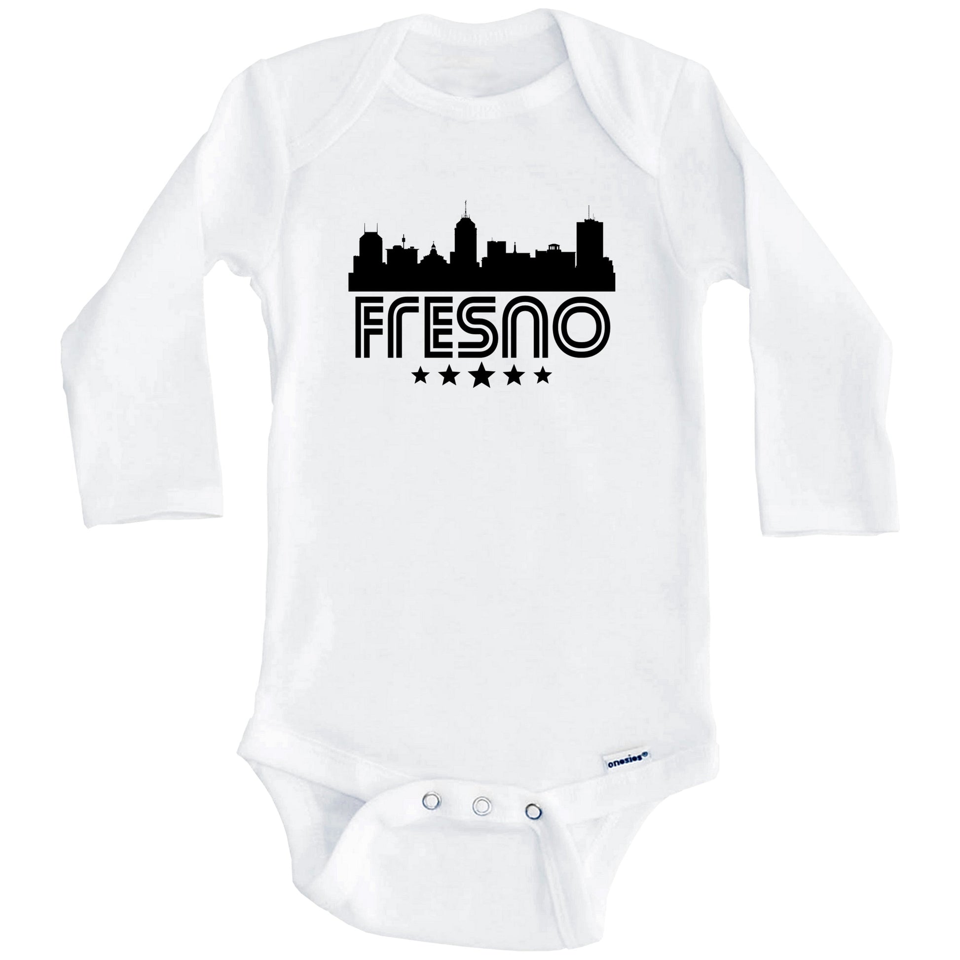 Fresno California Skyline Retro Style Baby Onesie (Long Sleeves)