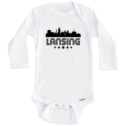 Lansing Michigan Skyline Retro Style Baby Onesie (Long Sleeves)