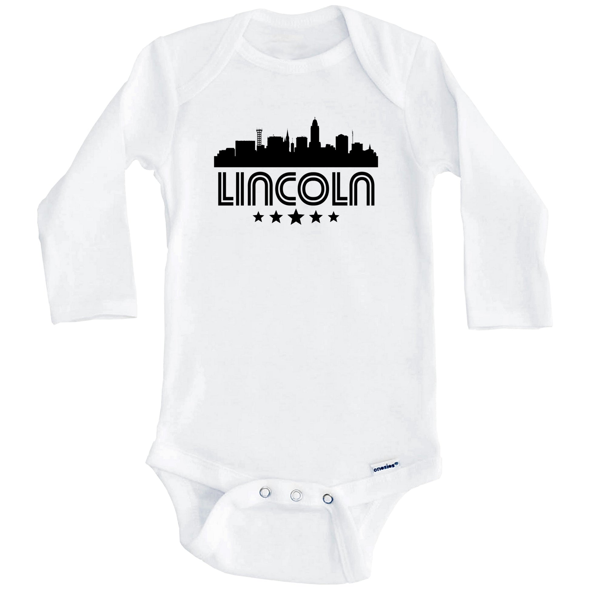 Lincoln Nebraska Skyline Retro Style Baby Onesie (Long Sleeves)