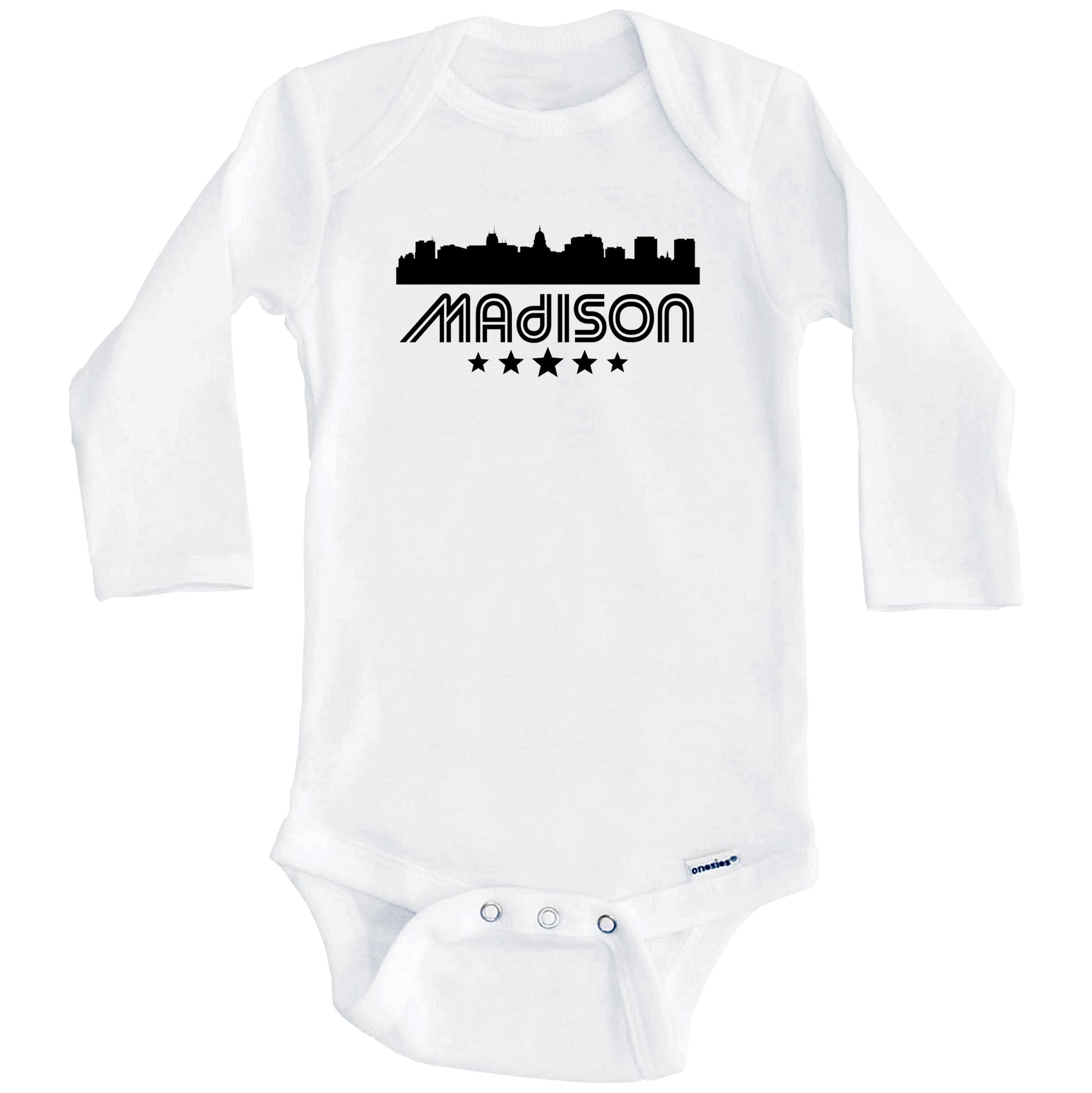Madison Wisconsin Skyline Retro Style Baby Onesie (Long Sleeves)