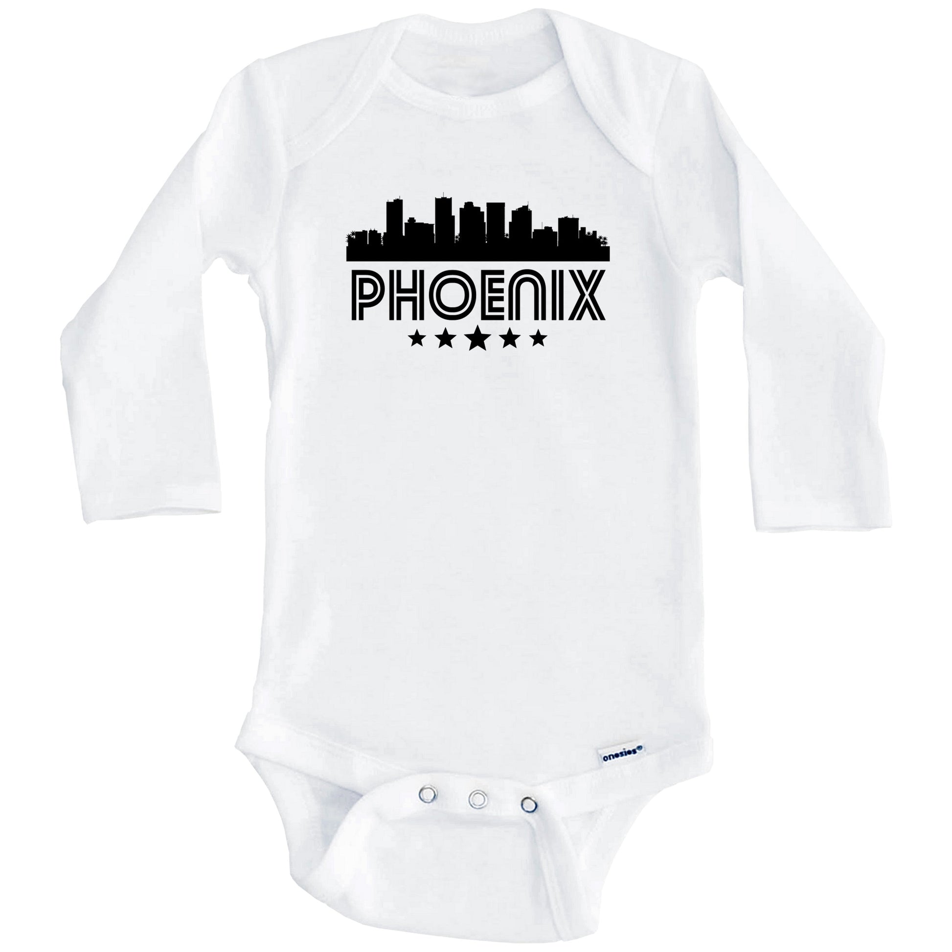 Phoenix Arizona Skyline Retro Style Baby Onesie (Long Sleeves)