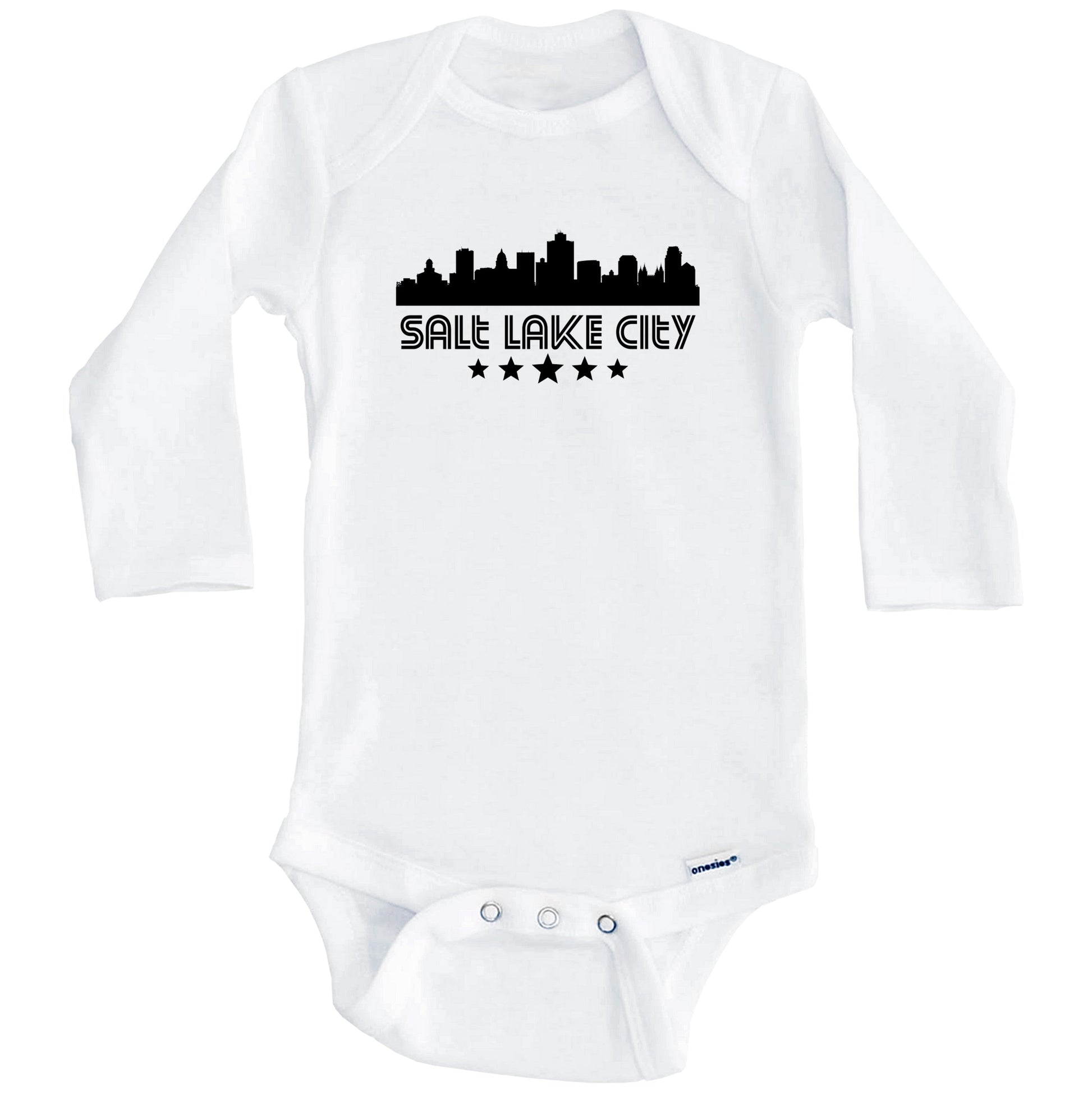 Salt Lake City Utah Skyline Retro Style Baby Onesie (Long Sleeves)