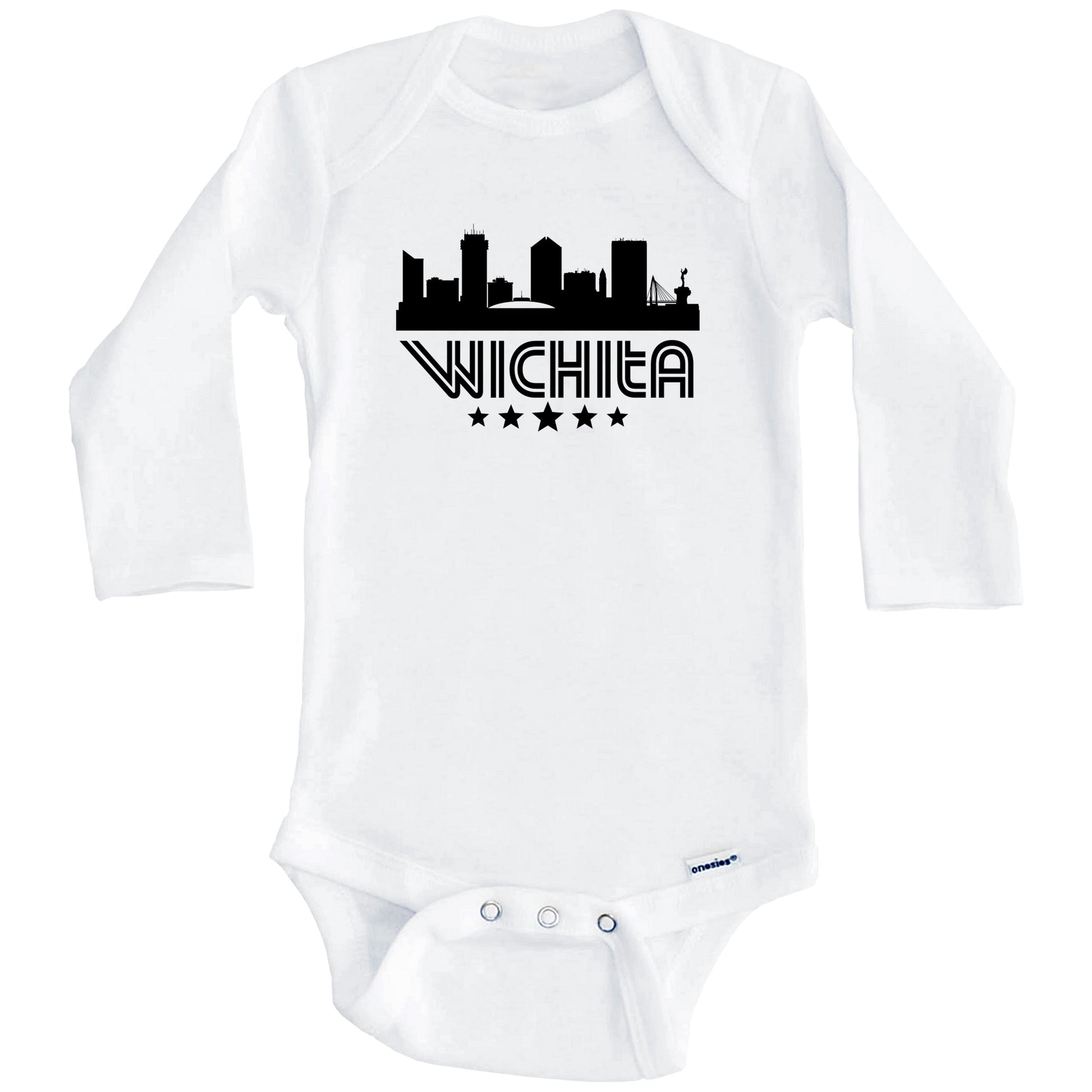 Wichita Kansas Skyline Retro Style Baby Onesie (Long Sleeves)